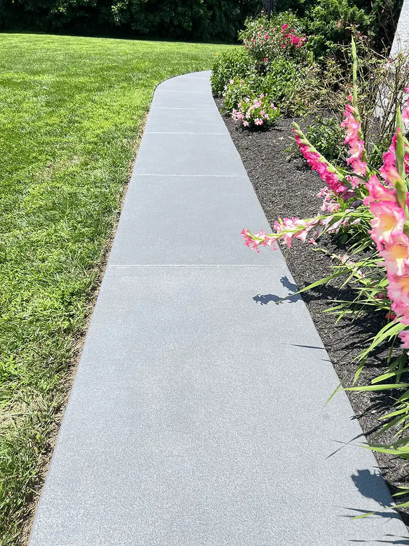 New concrete walkway beside a garden