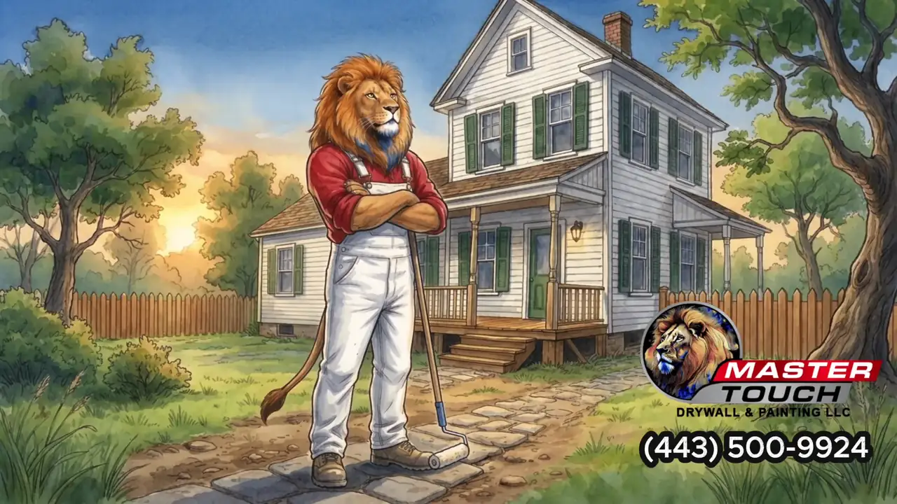 Final frame of the animation: the freshly painted house with the Master Touch logo and phone number